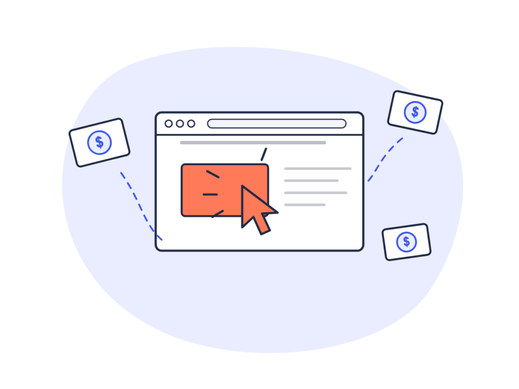 Illustration: a browser window with an ad being clicked and coins around it