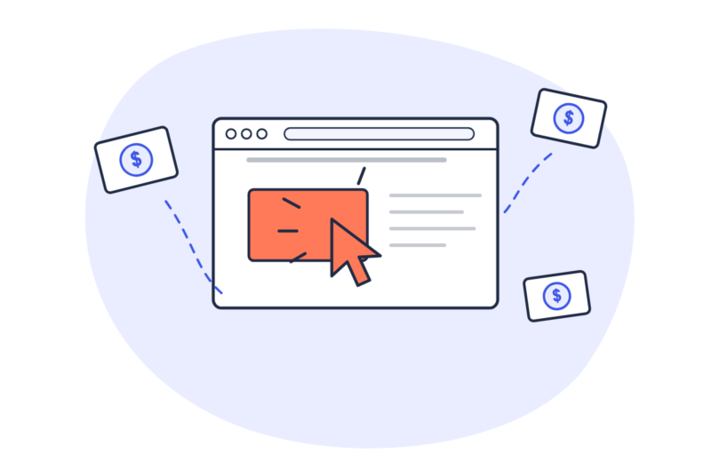 Illustration: a browser window with an ad being clicked and coins around it