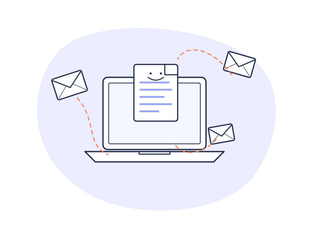 Illustration: a newsletter on a laptop with envelopes flying out
