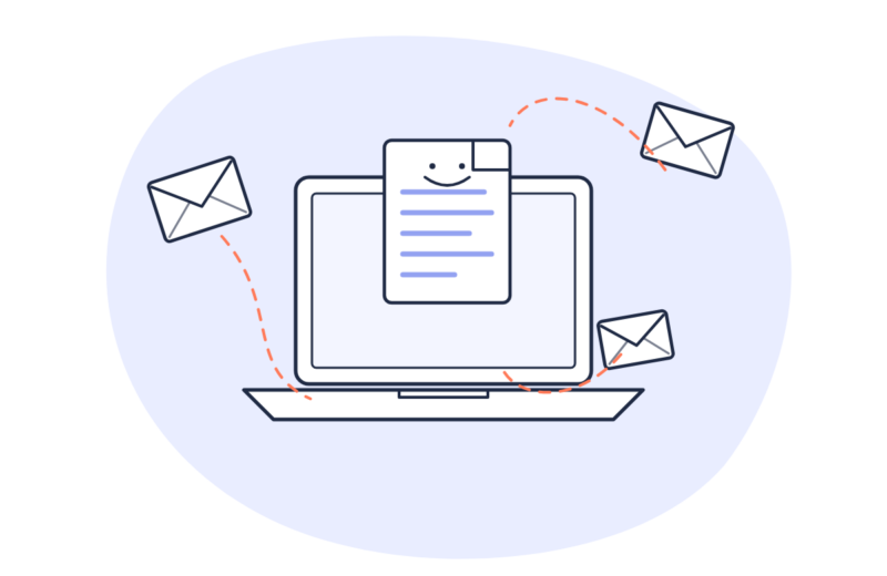 Illustration: a newsletter on a laptop with envelopes flying out