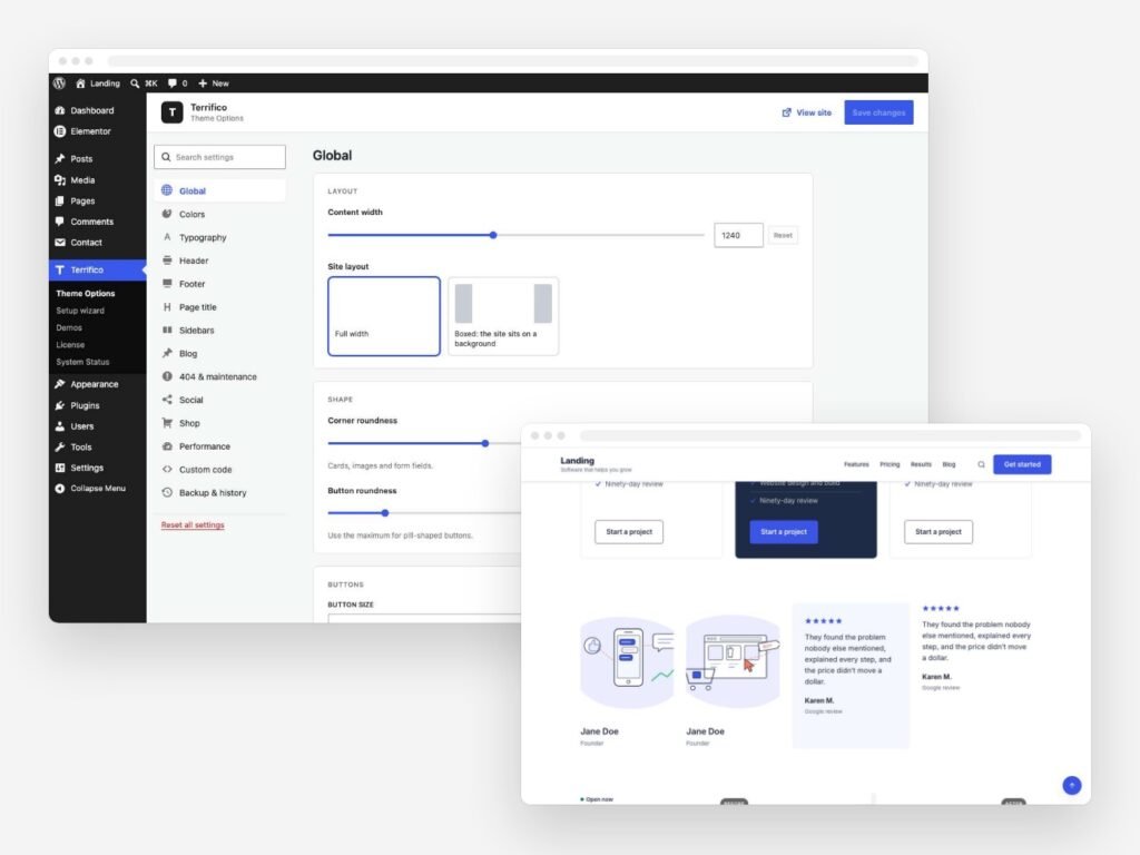 Terrifico Theme Options panel next to a page built with Terrifico widgets