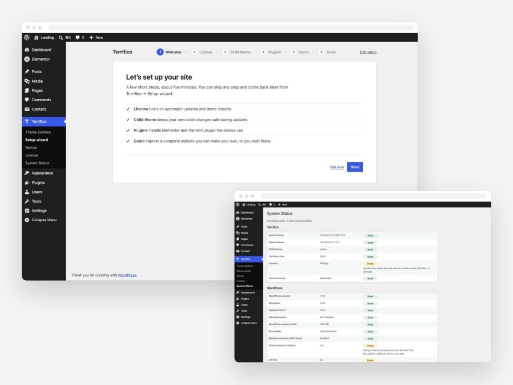 Terrifico setup wizard and System Status screen